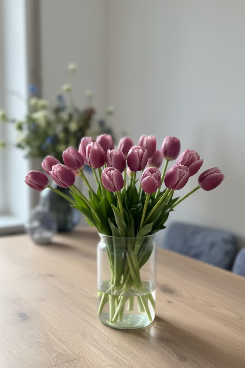 Paars wit gemêleerde kunst tulpen in vaas – real touch nep tulpen die echt lijken voor stijlvolle interieur decoratie