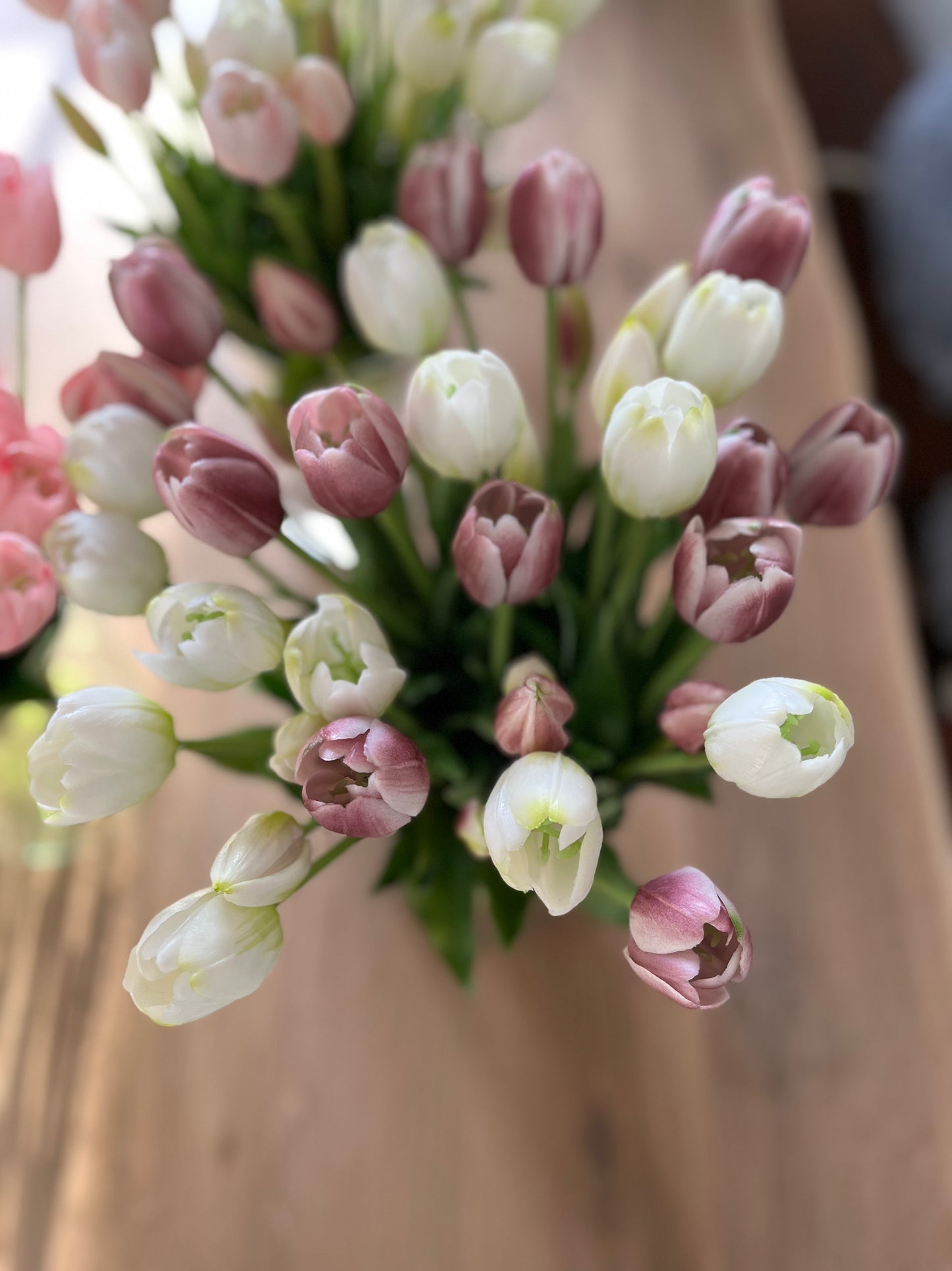 Close-up paars witte kunst tulpen gemêleerd – nep tulpen die echt lijken met zachte kleurovergang
