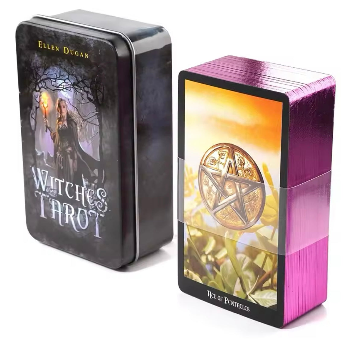 Witches Tarot deck gebaseerd op Rider Waite systeem in luxe metalen bewaardoos.