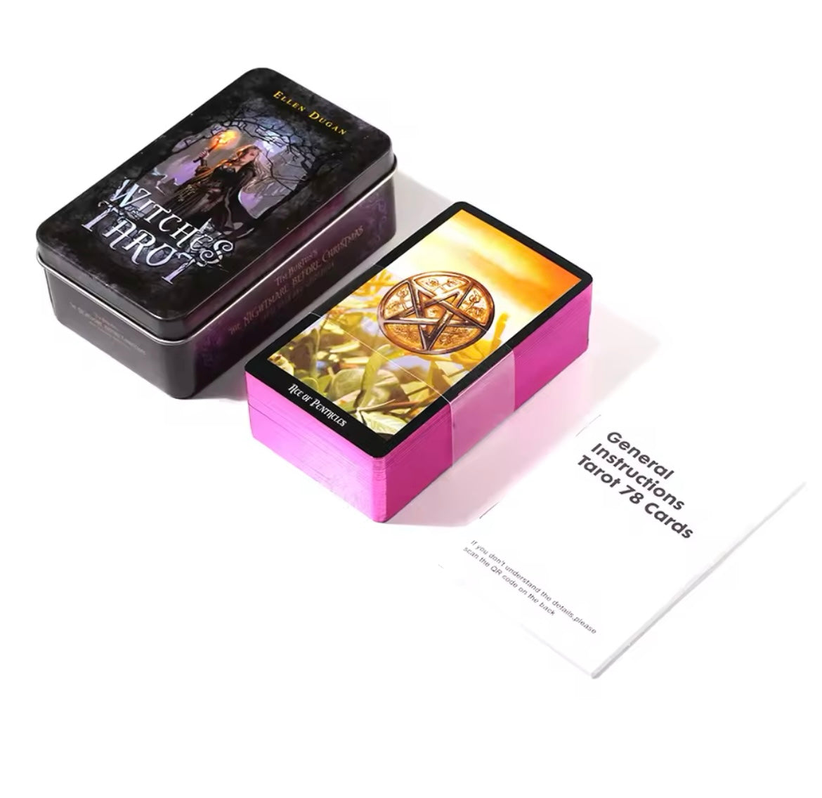 Witches Tarot kaartenset van Ellen Dugan in metalen bewaardoos met tarotkaarten en handleiding.
